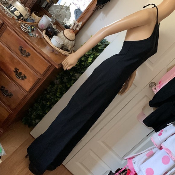 Vtg 90s black backless halter Empire stretch flare jumpsuit onesie pantsuit S M - Picture 7 of 13